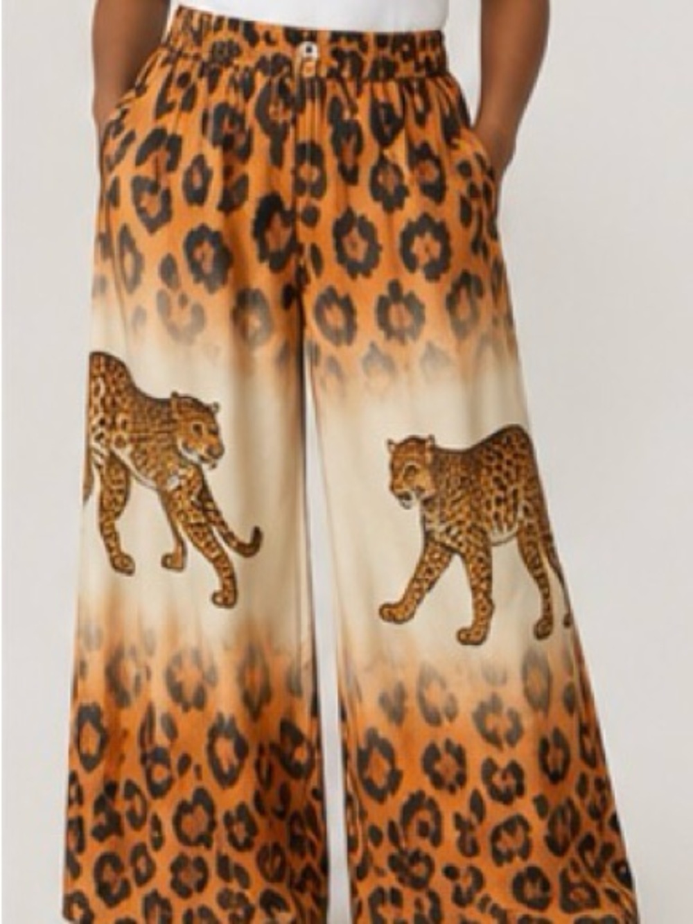Leopard Motif Wide-Leg Pants in Orange and Cream